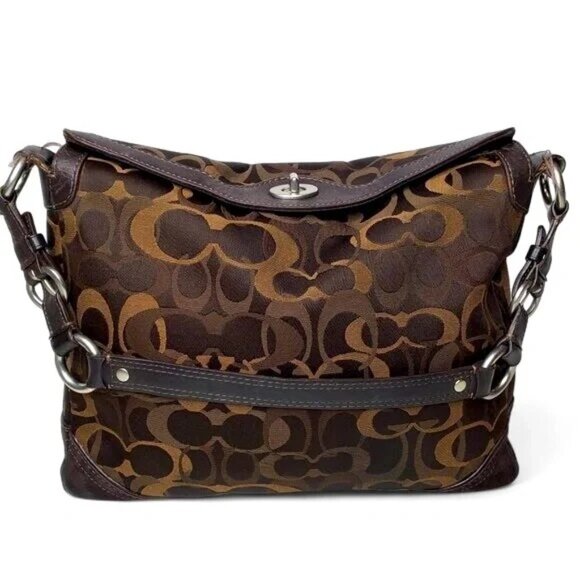 Coach Chelsea Shoulder Purse Women's Signature Canvas Twist Latch Suede Bottom - Picture 4 of 7